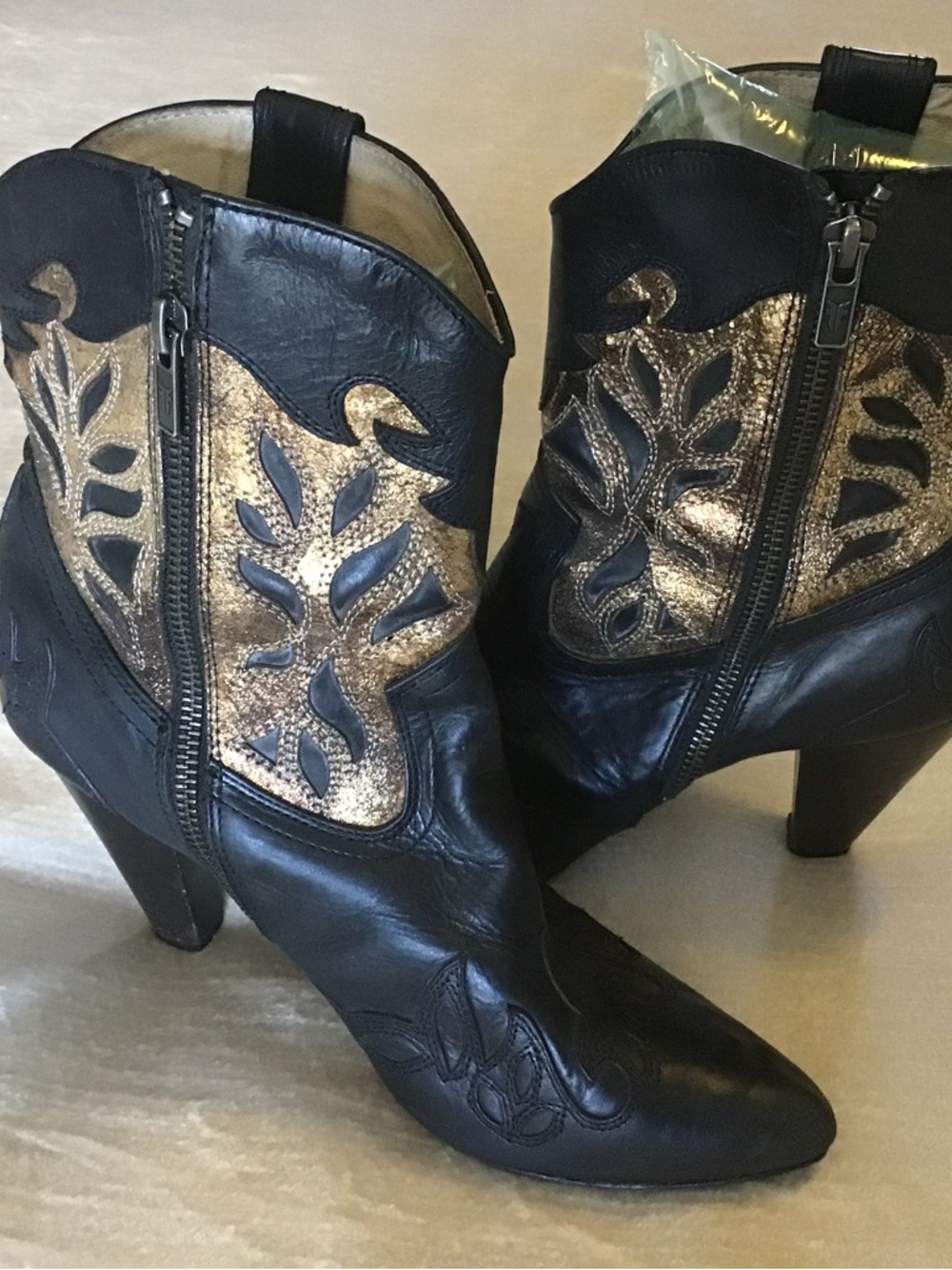 Frye Black Leather Ankle Booties with Gold Cutout Detail